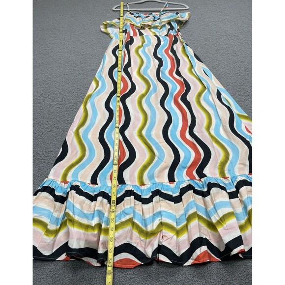Farm Rio Anthropologie Maxi Dress Ruffle Blue Stripe Cotton Preppy Boho Sz M NWT - Picture 4 of 13